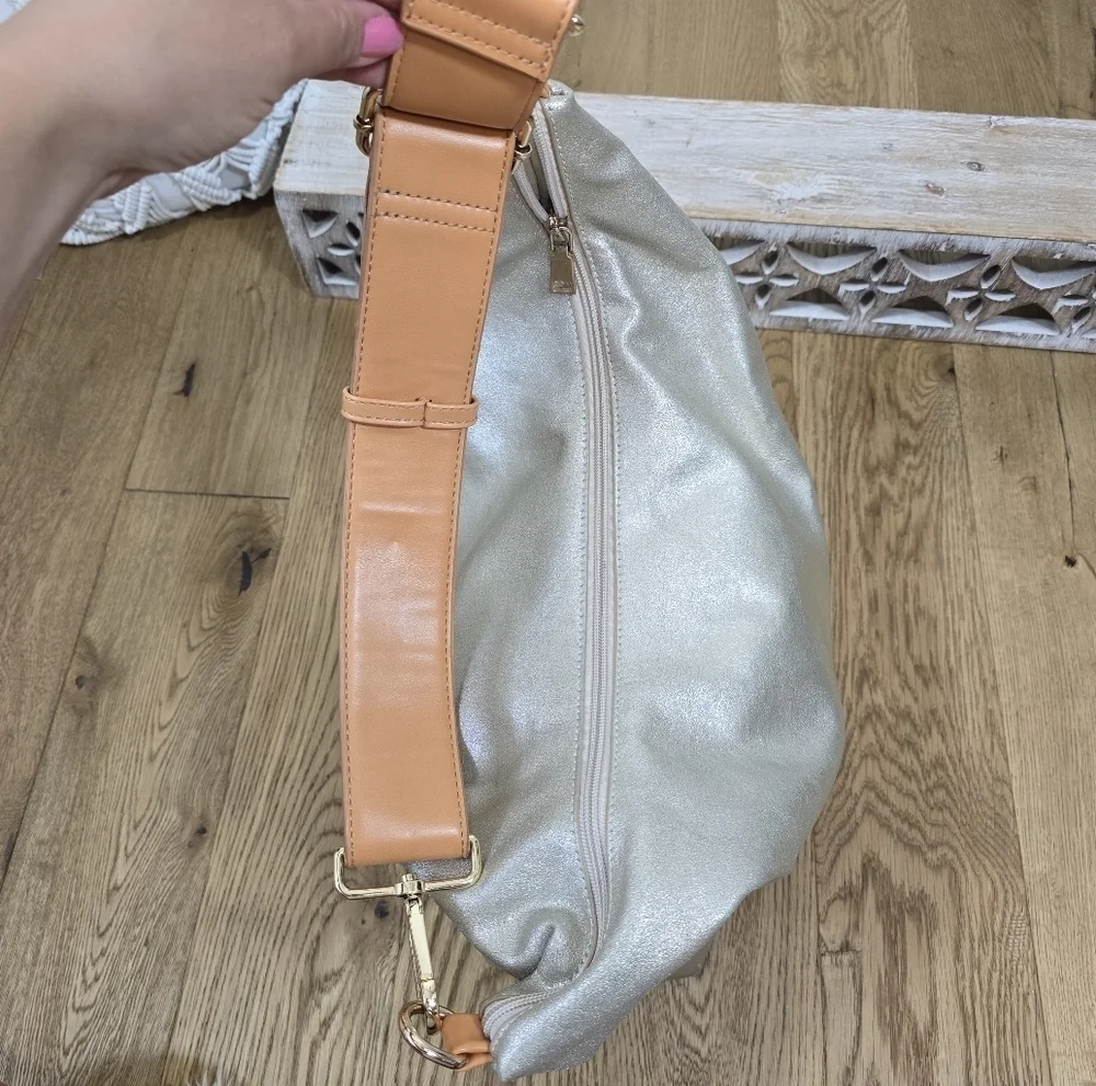 Milagros Silver Shimmer and Tan Large Hobo Bag Softshell